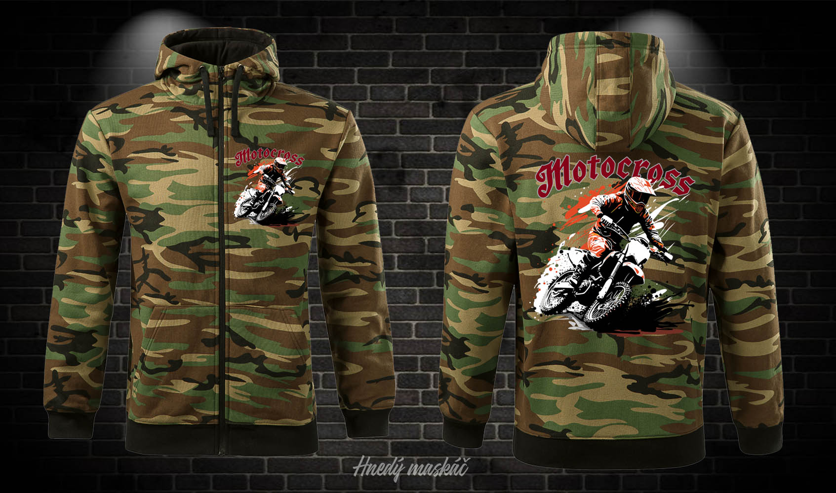Motorkárska maskáčová mikina Motocross - kapuca, zips