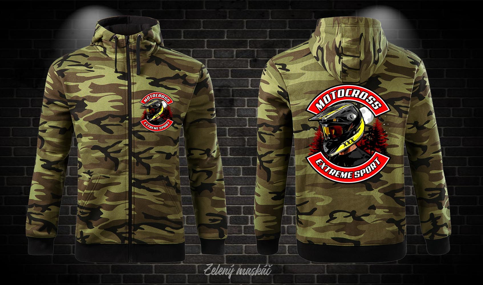 Motorkárska maskáčová mikina Motocross Extreme Sport - kapuca, zips