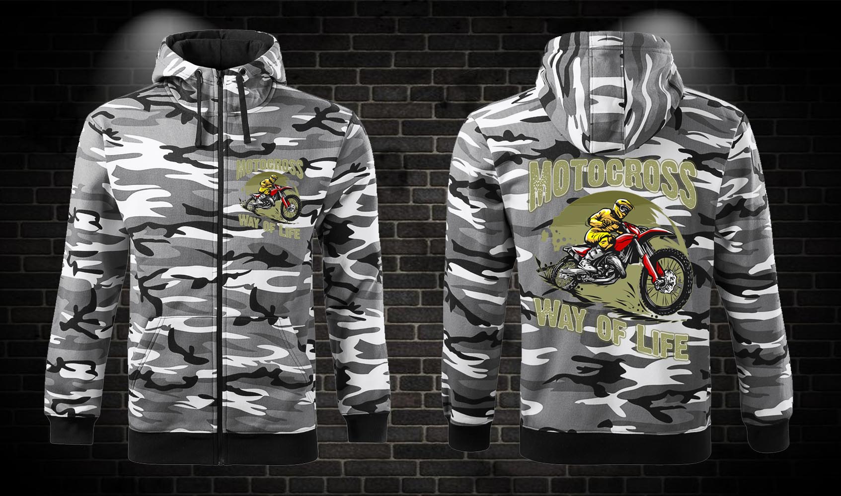 Motorkárska maskáčová mikina Motocross Way of Life - kapuca, zips