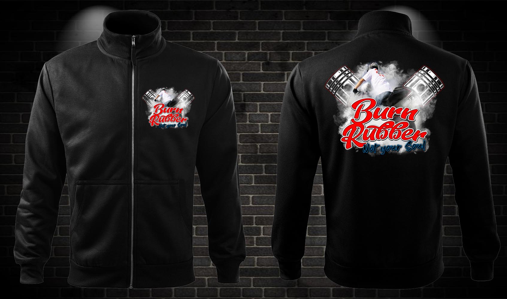 Zipsová moto mikina Burn Rubber - not your Soul