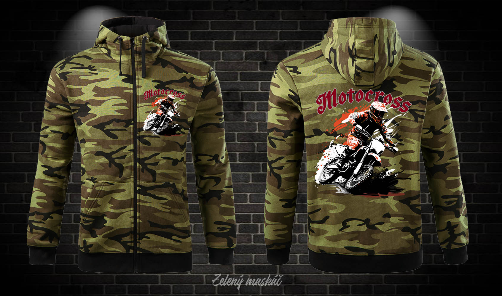Motorkárska maskáčová mikina Motocross - kapuca, zips