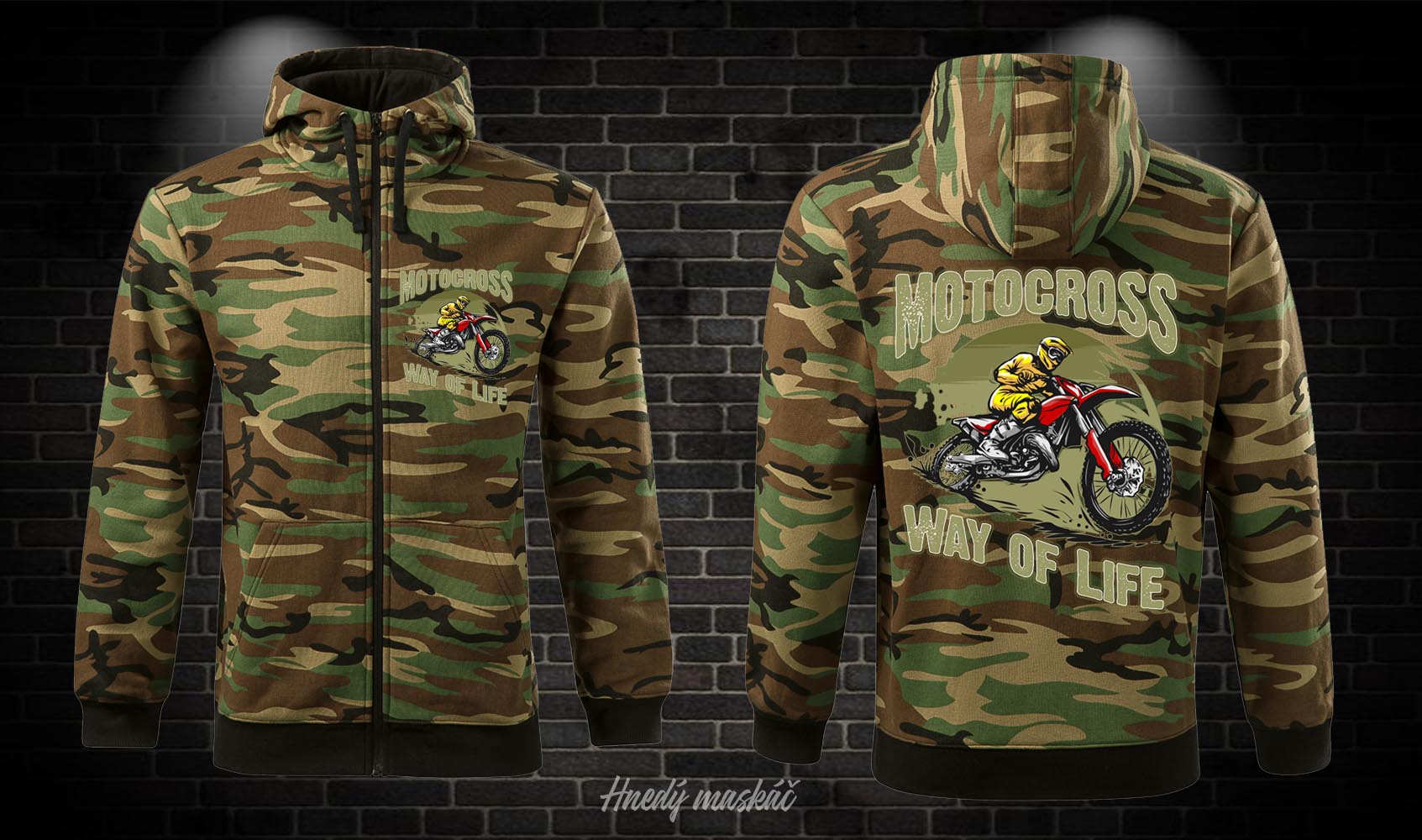 Motorkárska maskáčová mikina Motocross Way of Life - kapuca, zips